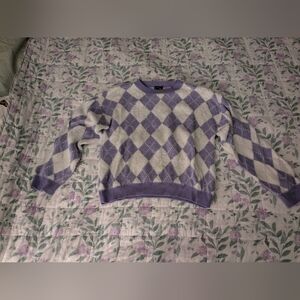 Art Class Girl's XXL Purple And White Argyle Fuzzy Knit Sweater